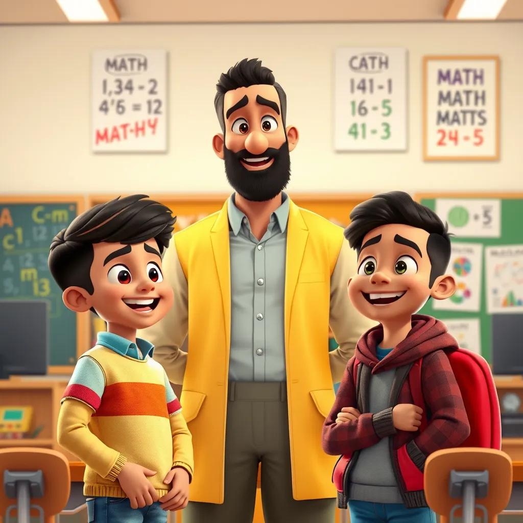 A tall math teacher, Mr. Mahmoud, with a short beard and welcoming smile, standing in front of Ahmed and Ali, who are excited and eager to explain their participation in the math contest. The classroom is filled with math posters, vibrant and colorful, warm atmosphere, digital art, friendly environment, high quality