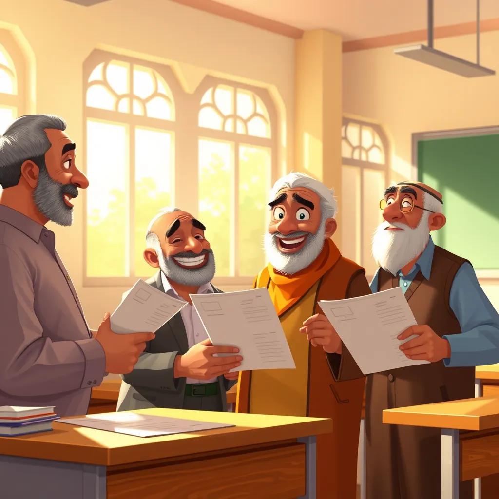 Mr. Mahmoud smiling and nodding at the old men, Ahmed and Ali, as they happily hold documents for the math contest. The classroom is bright with sunlight coming through windows, enriching the warm colors and uplifting their spirits, digital painting, high quality, cheerful scene.