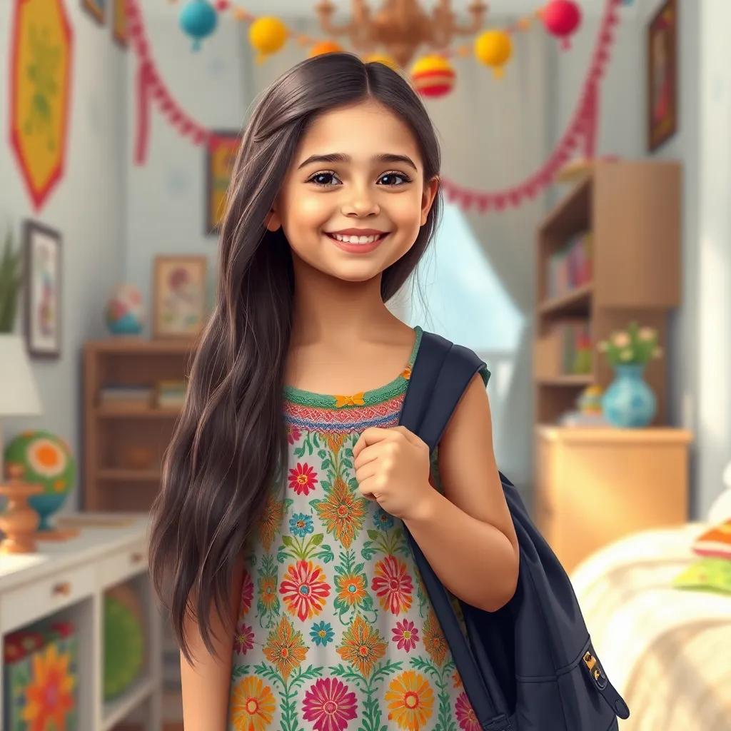 A young Arab girl, رحاب, with long, dark hair, wearing a colorful dress, standing in her room with a bright morning light, smiling brightly, holding a backpack, colorful decorations, joyful atmosphere, high quality