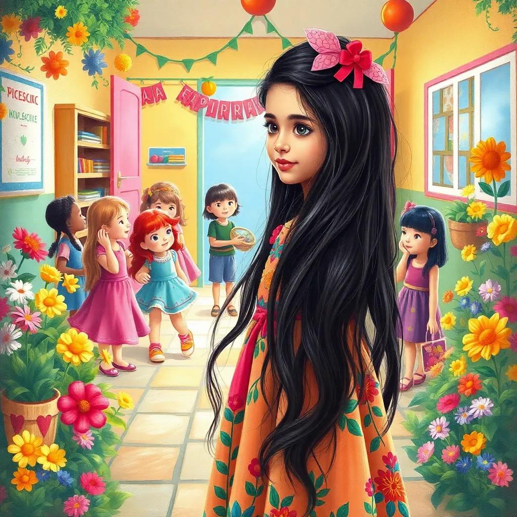 A young Arab girl, رحاب, with long, dark hair, wearing a colorful dress, arriving at a bright kindergarten filled with cheerful children and flowers, vibrant colors, playful scene, child-friendly, high quality
