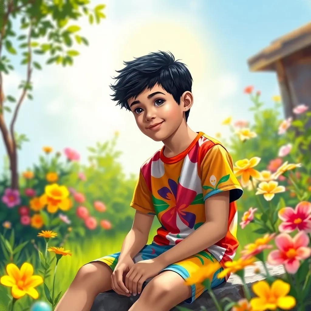 A young Arab boy, Ahmad, with short black hair, wearing a colorful t-shirt and shorts, sitting in a sunny garden with flowers, pondering his adventures, bright colors, cheerful atmosphere, high quality