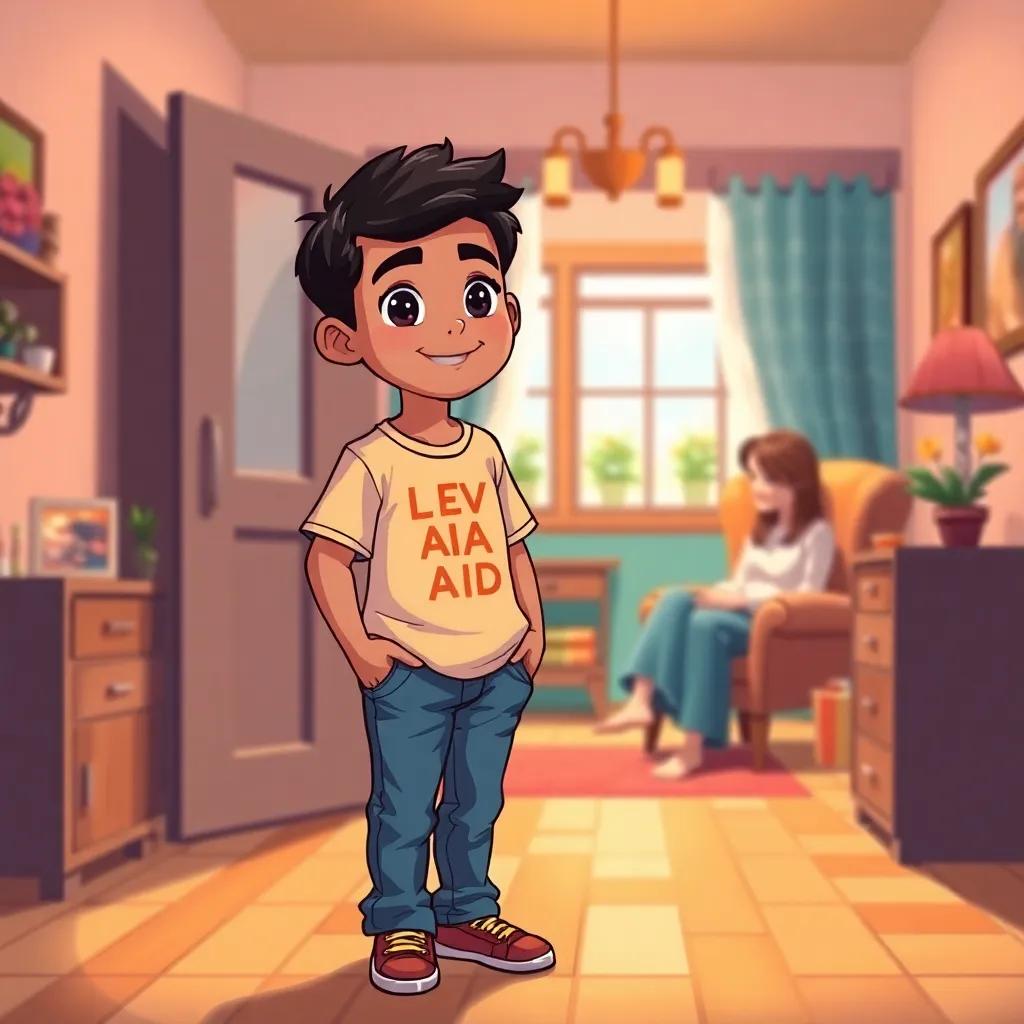 A young Arab boy, Ahmad, with short black hair, wearing a cheerful t-shirt and blue jeans, entering a cozy room filled with warm colors, motherly figure sitting on a chair, digital art, bright and inviting atmosphere, high quality