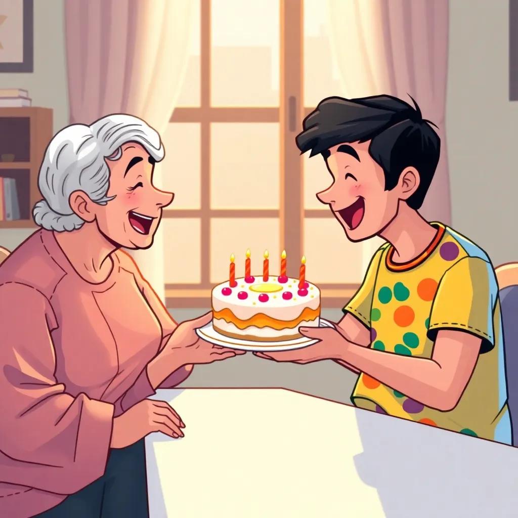 Ahmad, a young Arab boy with short black hair in a cheerful t-shirt and blue jeans, sharing a colorful cake with an elderly woman, warm light filtering through the window, laughter and love in the air, heartwarming scene, cheerful art style, high quality