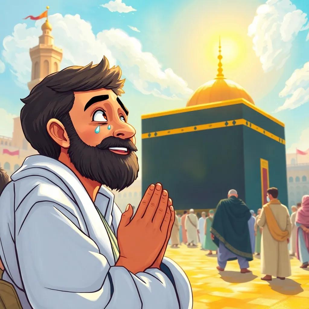 Ahmed praying near the Kaaba with tears of joy in his eyes, surrounded by other pilgrims, expression of serenity and peace on his face, sunny day, warm colors, heartwarming scene, vivid details, illustration, child-friendly