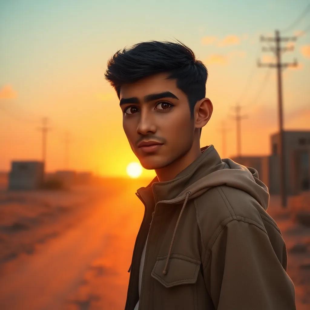 Ahmed, a young Iraqi man with short black hair, wearing a light jacket, looking determined while standing on a dusty road with a sunset in the background, digital art, warm colors, hopeful atmosphere, high quality
