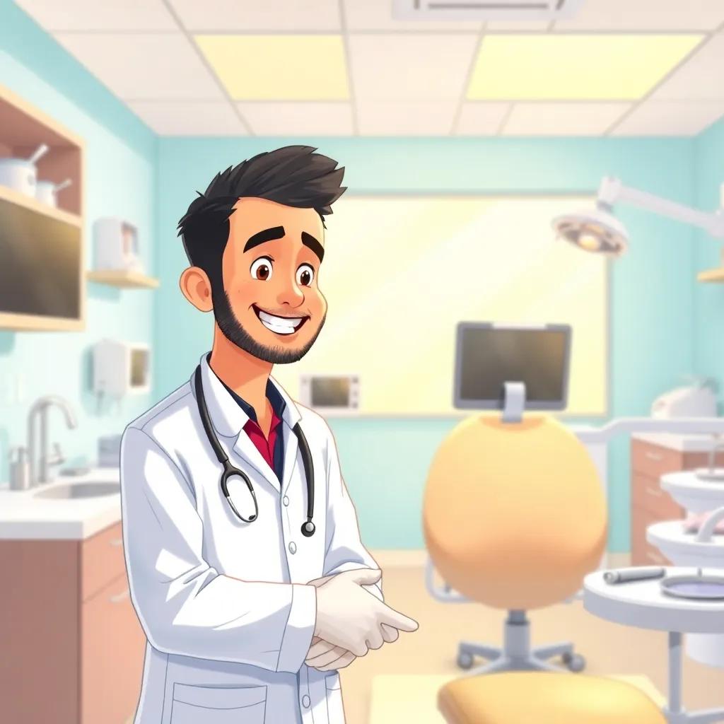 Ahmed, a young Iraqi man with short black hair, wearing a doctor's coat and gloves, assisting a dentist in a bright clinic with dental tools around, illustration, cheerful, engaging, child-friendly