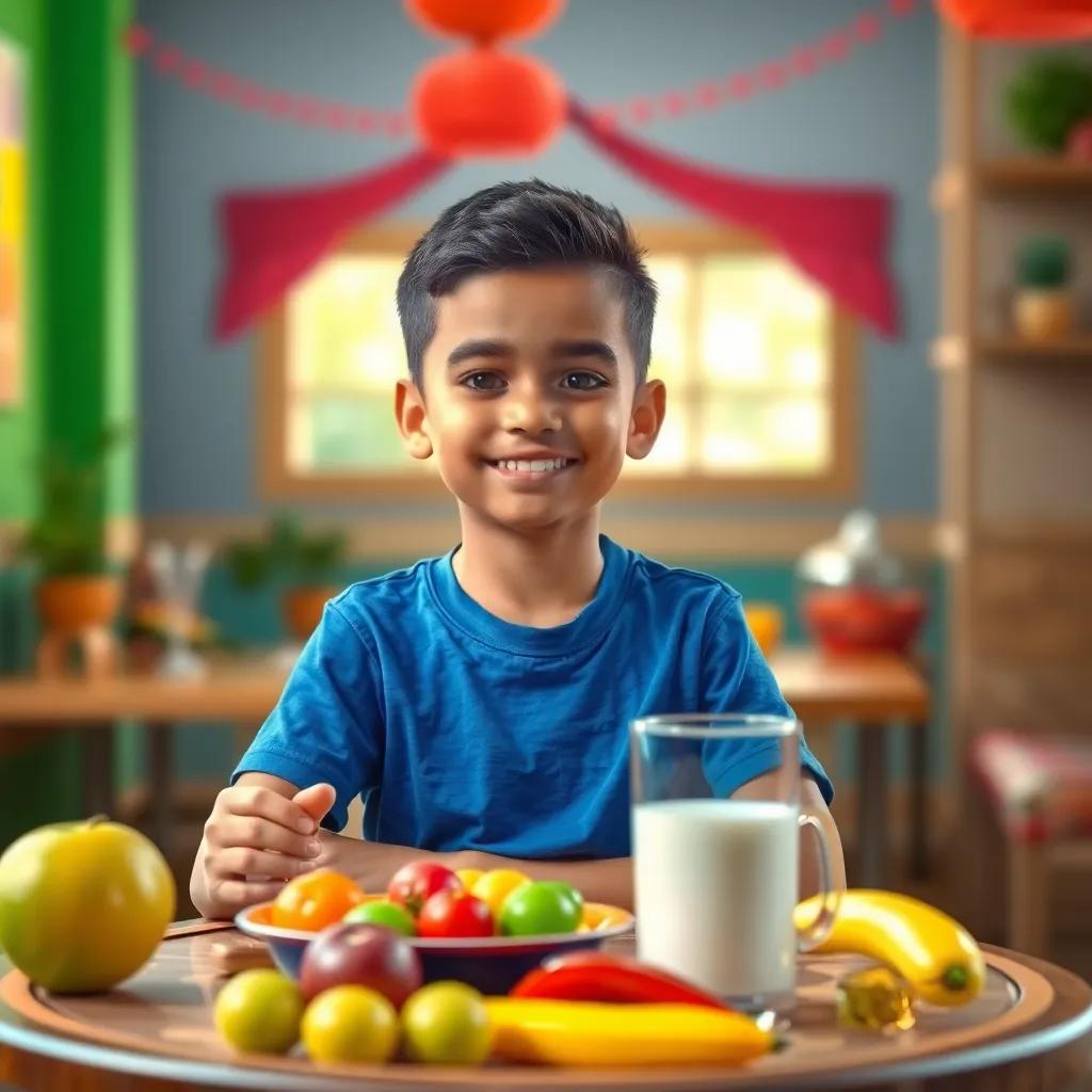 Ahmed, a young Arab boy, with short black hair wearing a blue t-shirt and jeans, sitting at a table with colorful fruits and a glass of milk, cheerful atmosphere, digital art, bright and vibrant colors, inviting scene