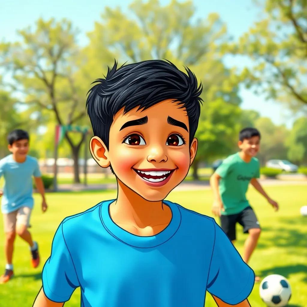 Ahmed, a young Arab boy, with short black hair wearing a blue t-shirt, outside with friends, playing football in a sunny park, joyful expression, illustration, playful, energetic setting