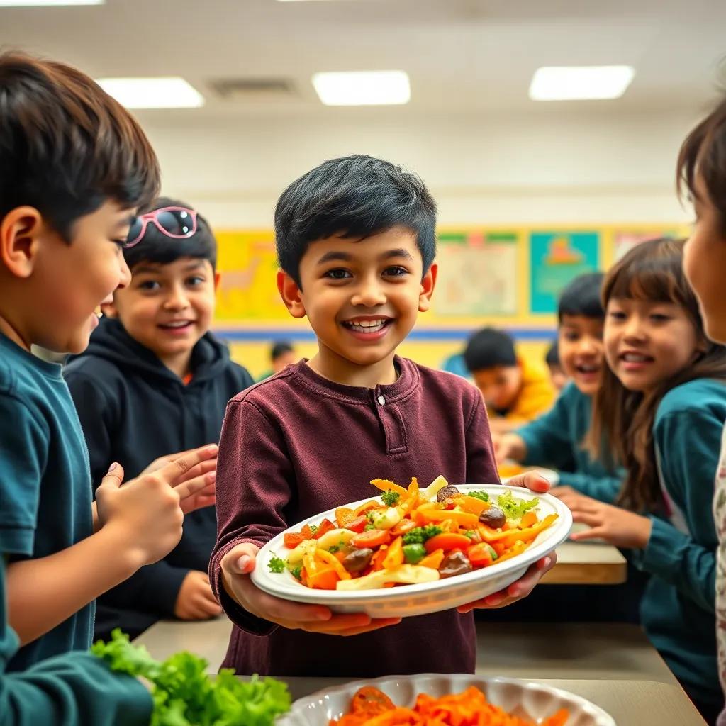 Ahmed, a young Arab boy, with short black hair, showing a plate of vegetables to his friends, encouragement and excitement on everyone's faces, inside a school cafeteria, cheerful colors, engaging atmosphere