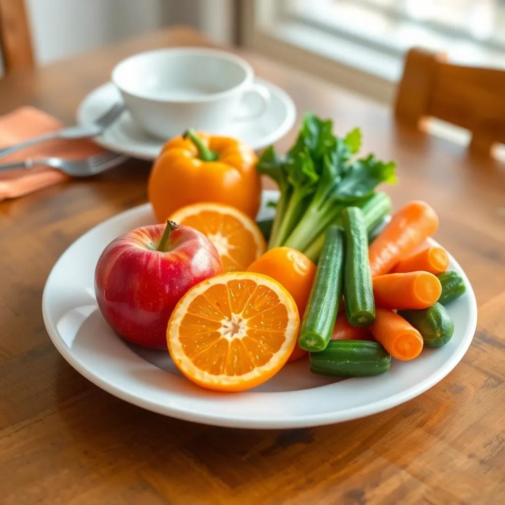 A colorful plate of fruits and vegetables, with apple, orange, carrots, and cucumbers, set on a wooden dining table, showing the importance of healthy eating, bright colors, digital art, child-friendly mood