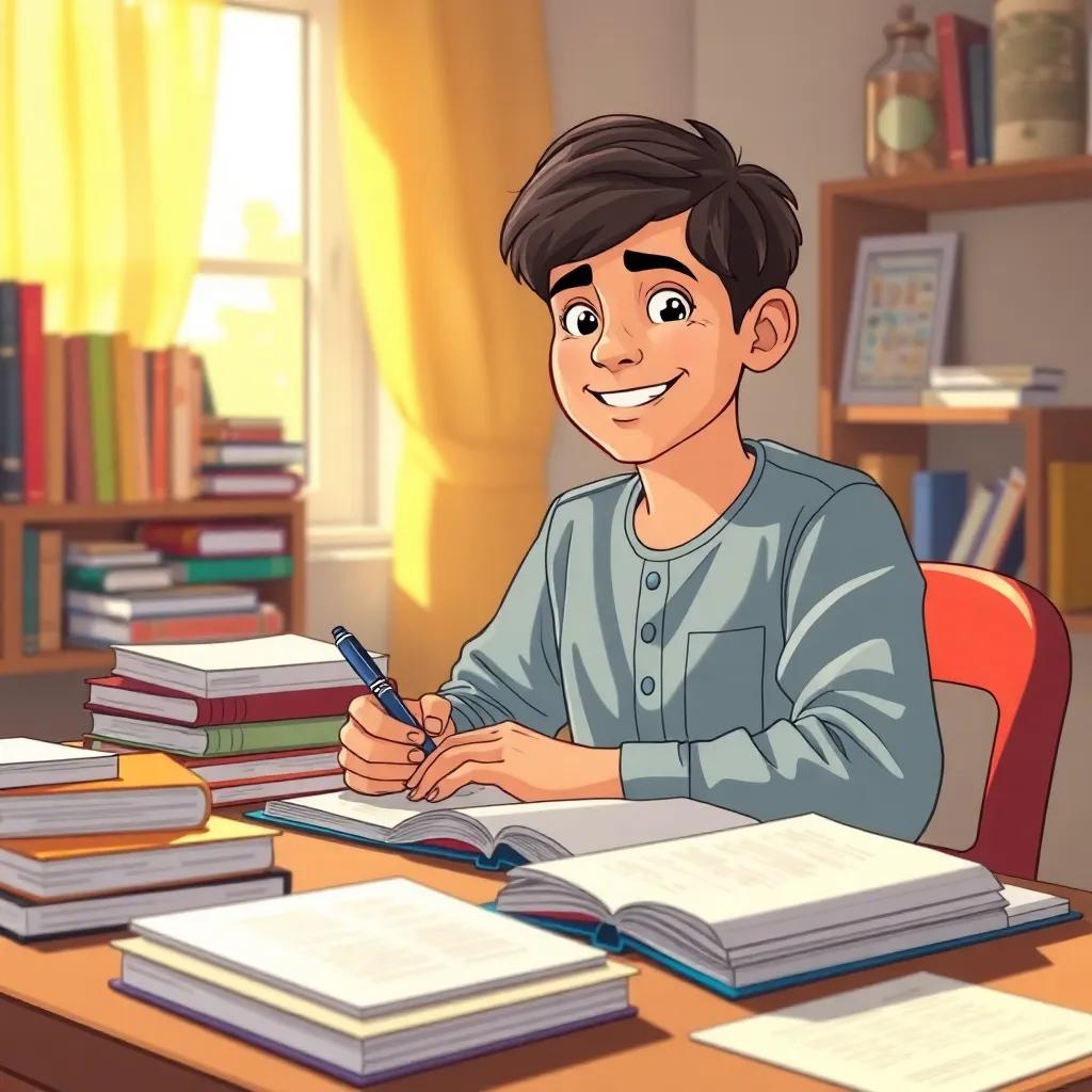 Ahmed, a young Arab boy, studying at a desk filled with books and notebooks, smiling and focused, bright light coming from the window, cozy and encouraging study environment, illustration, engaging and motivating scene