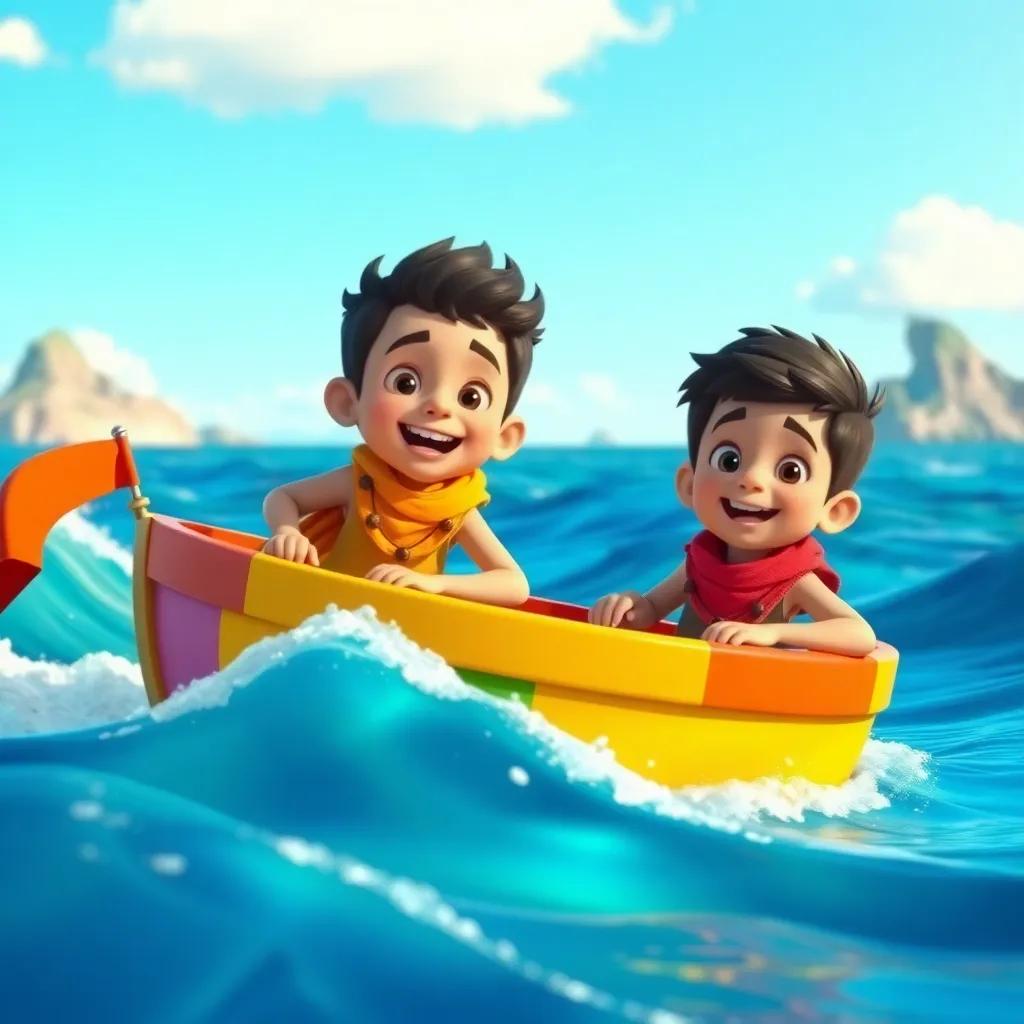 A joyful scene of two boys, Ahmed and Hamad, on a colorful boat in the sea with big waves, bright blue sky, and islands in the background, cheerful atmosphere, digital art, colorful and fun, high quality