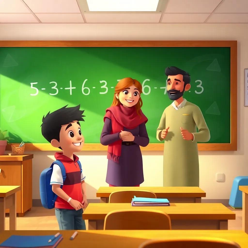 A classroom setting with a friendly teacher and two boys, Ahmed and Hamad, discussing their trip, with a chalkboard showing numbers, bright lighting, engaging learning environment, digital painting, warm and inviting, high quality
