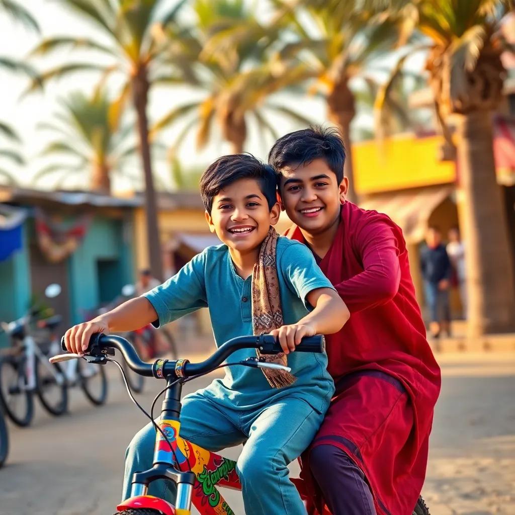 A cheerful Arab boy, Ahmad Nasser, riding a colorful bike, smiling with his brother Mohamed Nasser, in a vibrant village with palm trees, digital art, bright colors, joyful atmosphere, engaging scene, high quality