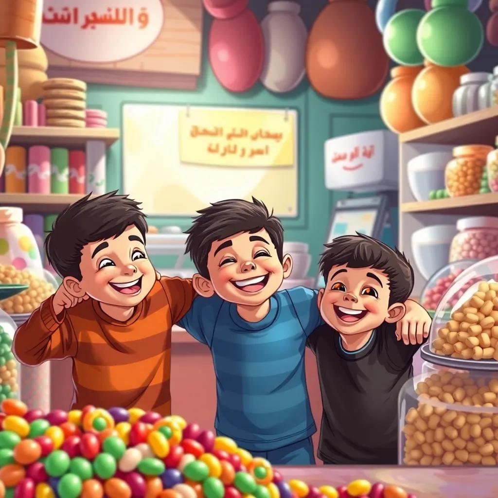 Three joyful boys playing together, Ahmad Nasser, Mohamed Nasser, and Ismail Yassin, at a small shop owned by Khaled Yousef, surrounded by colorful candy, illustration, lively, cheerful, engaging children, vibrant colors, high quality