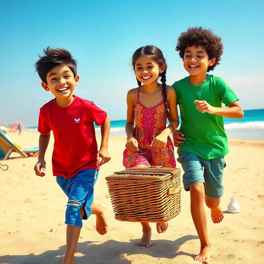 A sunny beach scene with three friends, Ali, a Middle-Eastern boy, wearing a red t-shirt and blue shorts, Laila, a Middle-Eastern girl with braided brown hair, wearing a colorful sundress, and Sam, a Middle-Eastern boy with curly hair, wearing a green t-shirt and shorts, laughing and running towards the beach with their picnic basket, digital art, bright and cheerful atmosphere, warm colors, high quality