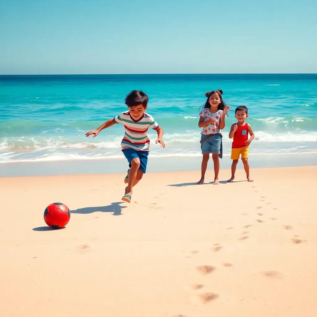 The beach with sandy shores and gentle waves, Ali kicking a red soccer ball, Laila and Sam cheering excitedly by the sidelines, footprints in the sand, vibrant blue sea, sunny sky, playful and energetic scene, high quality, digital illustration