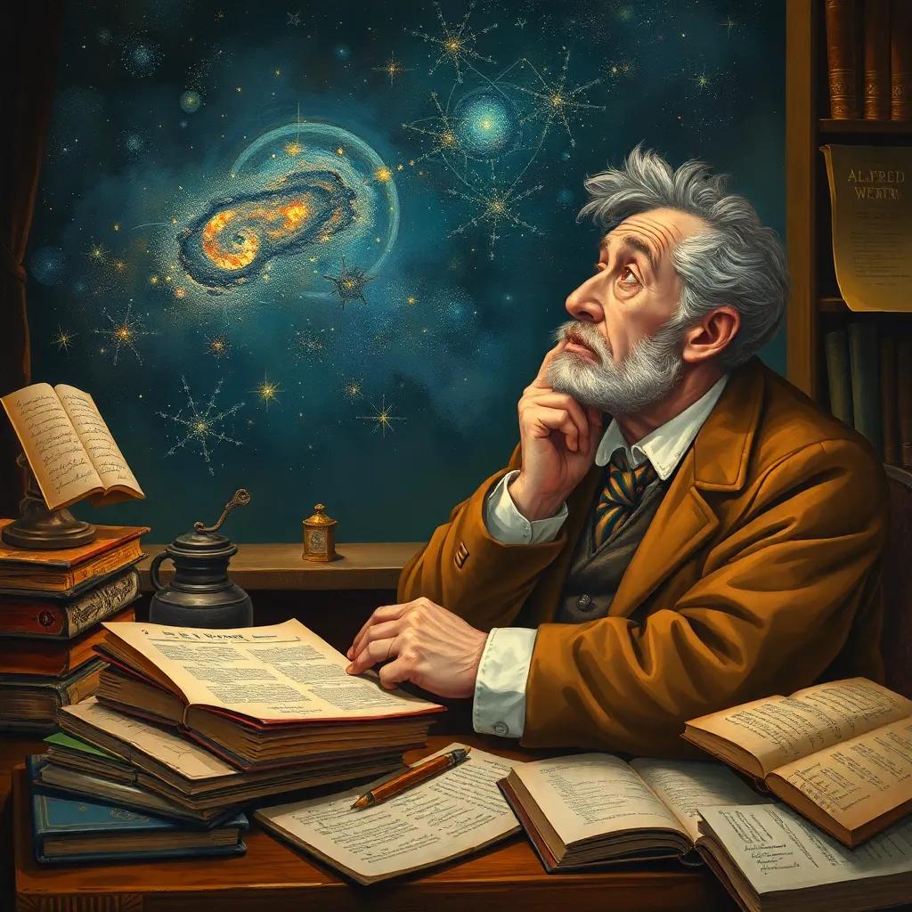 A curious scientist, Alfred Werner, deep in thought, gazing at the starry sky, surrounded by books and notes about atoms and metals, illustration, warm colors, thoughtful atmosphere, high quality