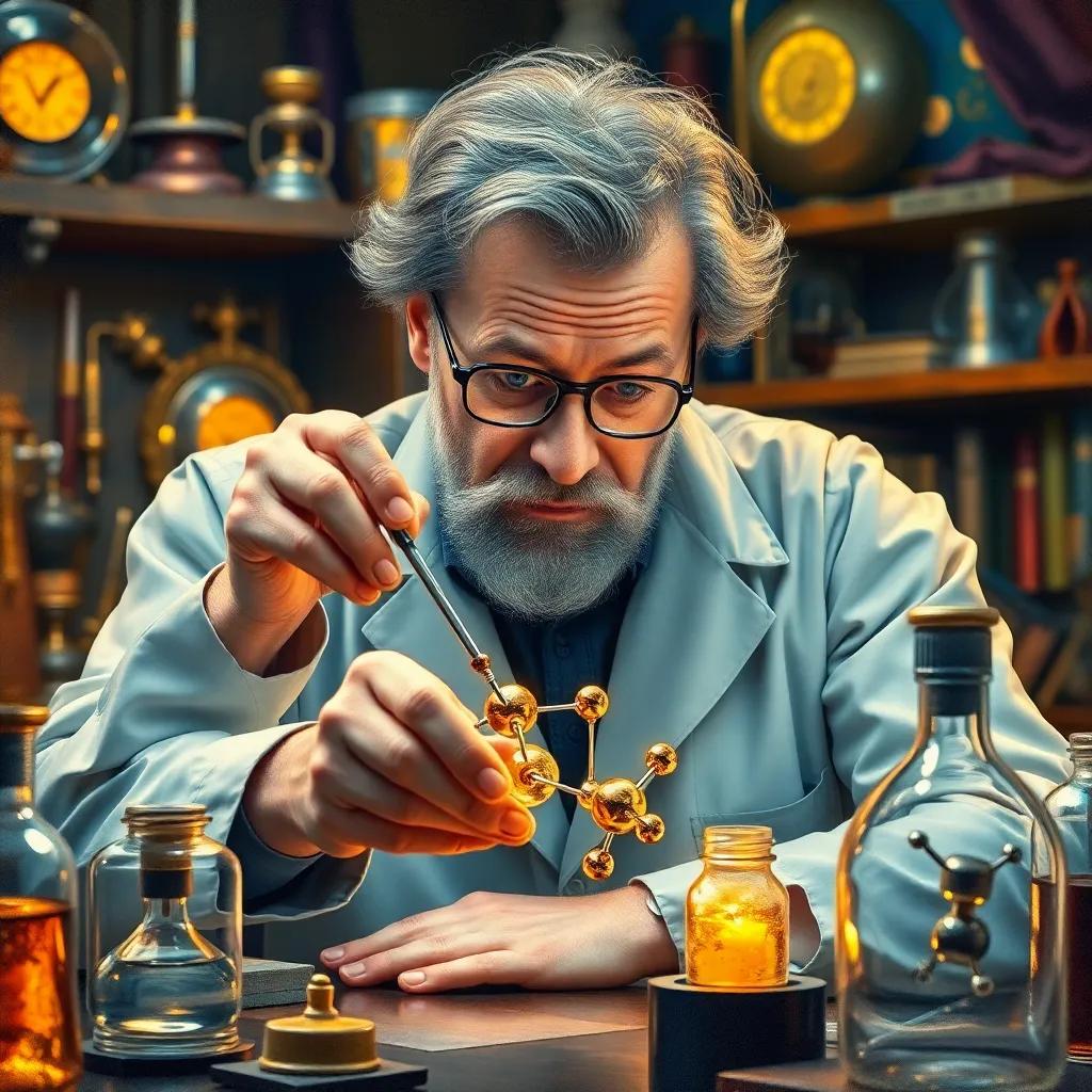 Alfred Werner, a curious scientist, passionately experimenting in his lab, observing how tiny ligands fit into the central atom, with a vibrant background of various metals, bright colors, energetic atmosphere, high quality