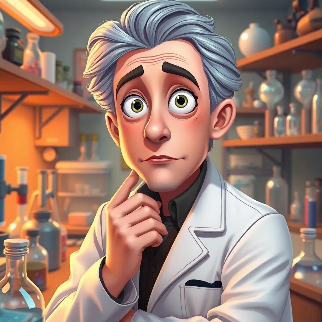 A curious scientist, Alfred Werner, with bright eyes and light skin, wearing a white lab coat and surrounded by chemical tools in his laboratory, thinking deeply, detailed illustration, warm colors, engaged atmosphere, high quality