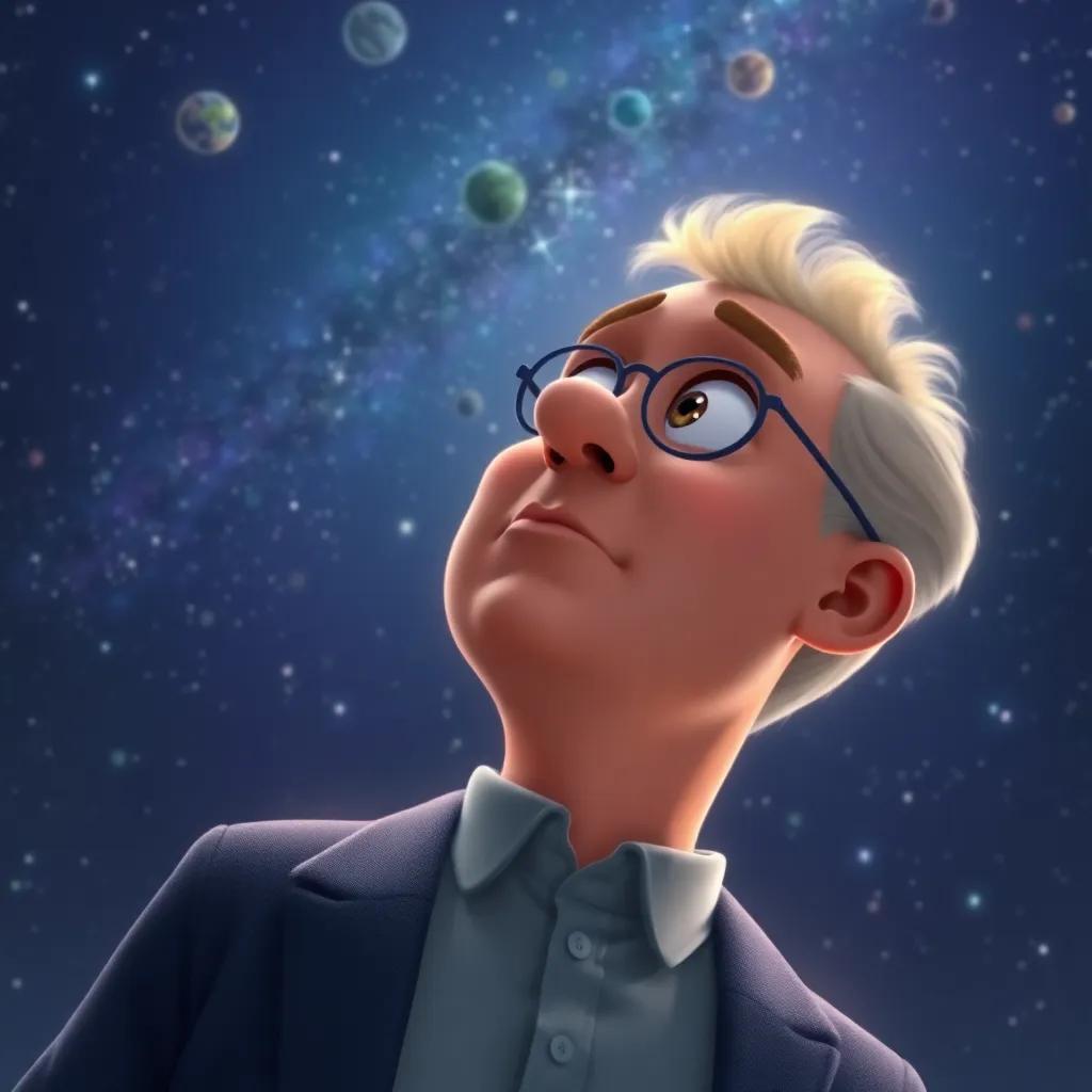 Alfred Werner looking up at a starry sky, surprised expression, as he realizes a connection between molecules and celestial bodies, digital painting, soft glow, vibrant colors, child-friendly, inviting