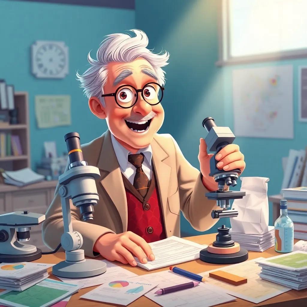 Alfred Werner conducting experiments with microscopes and measuring tools, papers scattered around him, excited and determined, colorful illustrations, bright lighting, cheerful ambiance, high quality