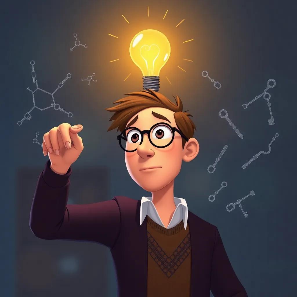 A light bulb glowing over Alfred's head as he makes a discovery about chemical bond patterns, with sketches of molecules and keys, vibrant colors, creative design, imaginative
