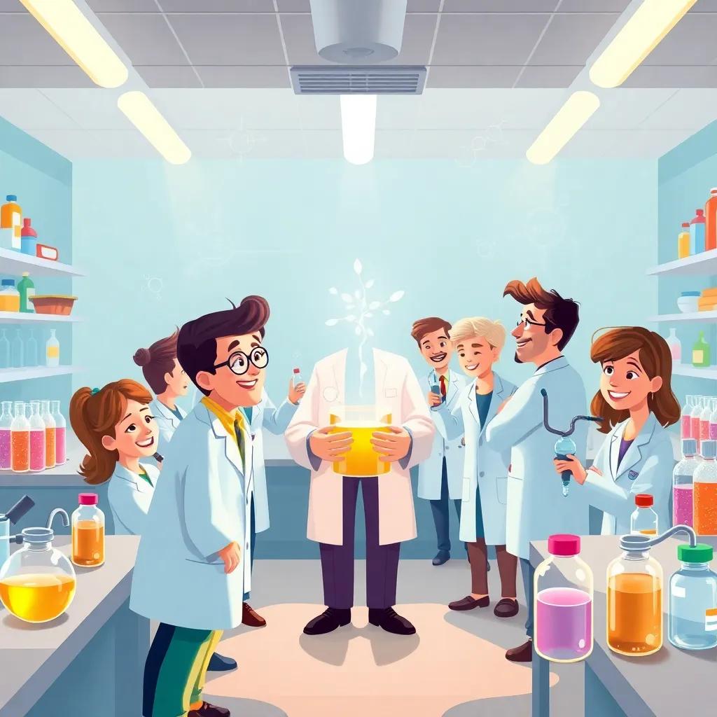Chemists around the world using Alfred's discovery for new medicines, vibrant illustrations of people working together, bright lab settings, cheerful and collaborative environment