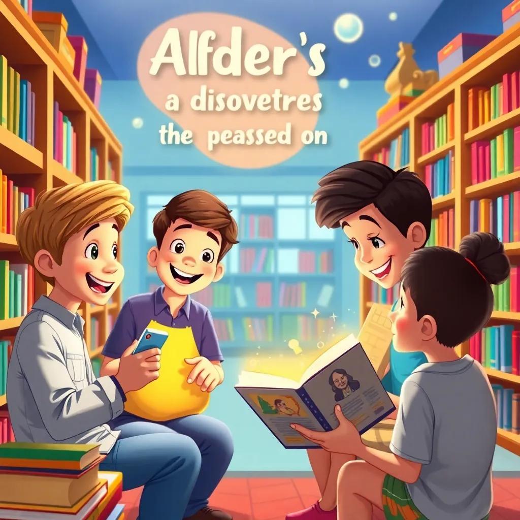 Alfred's legacy passed on, children reading about his discoveries, colorful library scene, happiness and curiosity in the air, bright colors, engaging view, imaginative