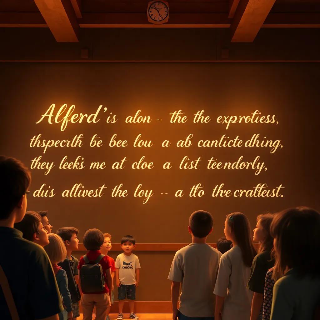 An inspiring moment with Alfred's quotes about exploration and discovery written in beautiful calligraphy on a wall, surrounded by students in awe, warm light, inviting atmosphere, high quality