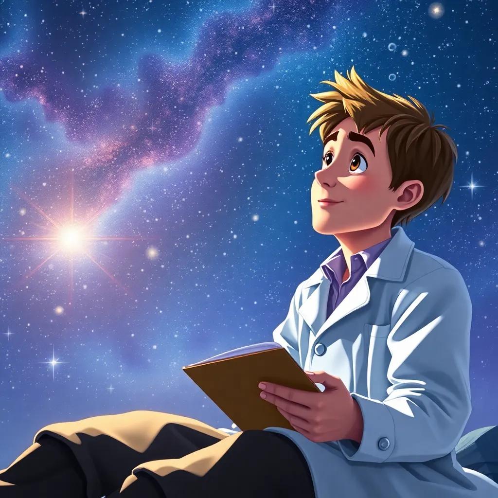 A curious scientist, Alfred Werner, with short light brown hair, wearing a white lab coat, sitting under a starry sky with a notebook in hand, deep in thought about tiny particles and mysteries, digital art, bright colors, magical atmosphere, detailed view, high quality