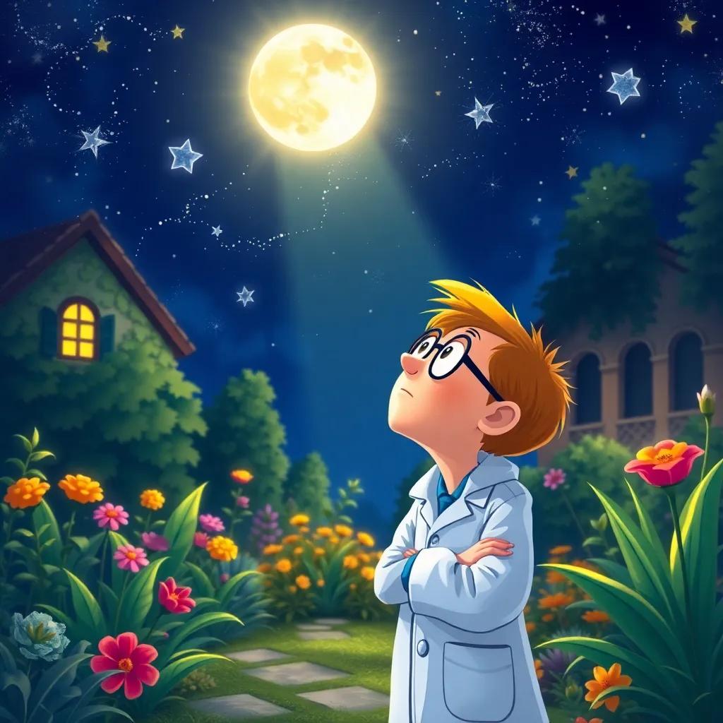 Alfred, a curious scientist, looking at the stars with wonder, surrounded by a peaceful garden at night, the moon shining down, vibrant colors, illustration, dreamy, thoughtful, cheerful