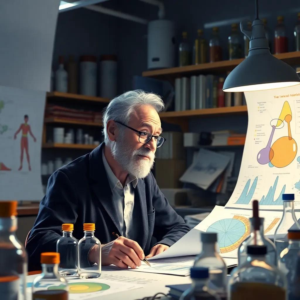 A focused Alfred Werner in his lab looking at colorful diagrams and sketches about his theory, surrounded by bottles and scientific tools, bright light, busy atmosphere, detailed, artistic quality