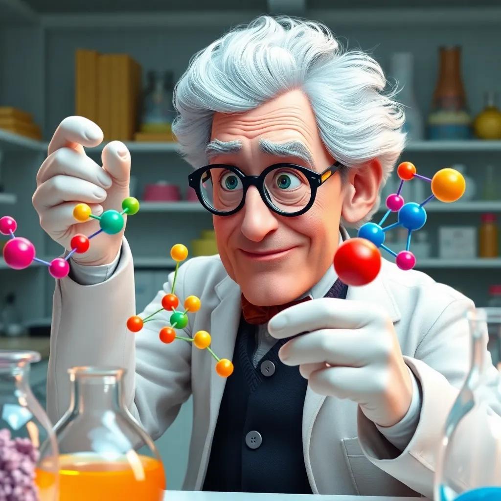 A determined Alfred Werner experimenting with colorful models showing molecules and bonding, bright and cheerful colors, dynamic setting of a laboratory, realistic, high detail