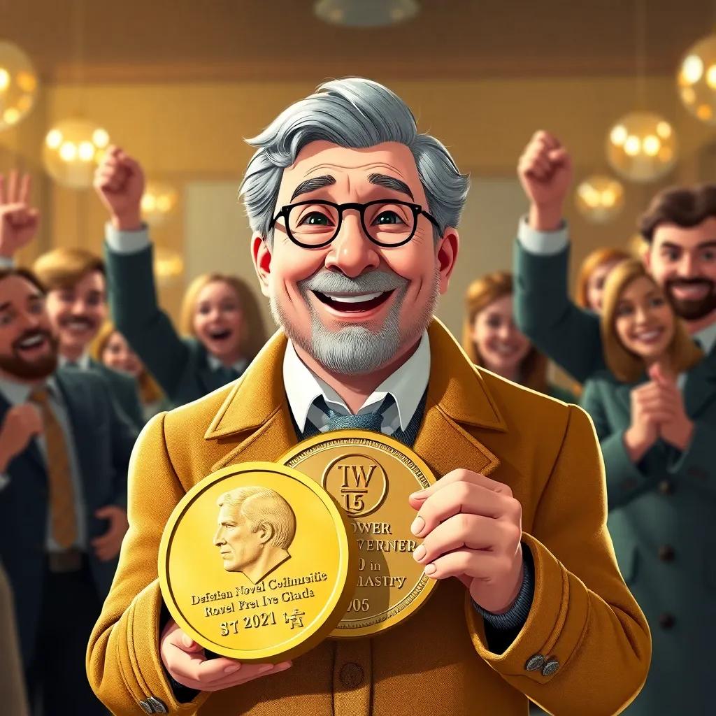 A jubilant Alfred Werner holding the Nobel Prize in Chemistry with a backdrop of happy colleagues celebrating his success, warm lighting, enthusiastic atmosphere, cheerful