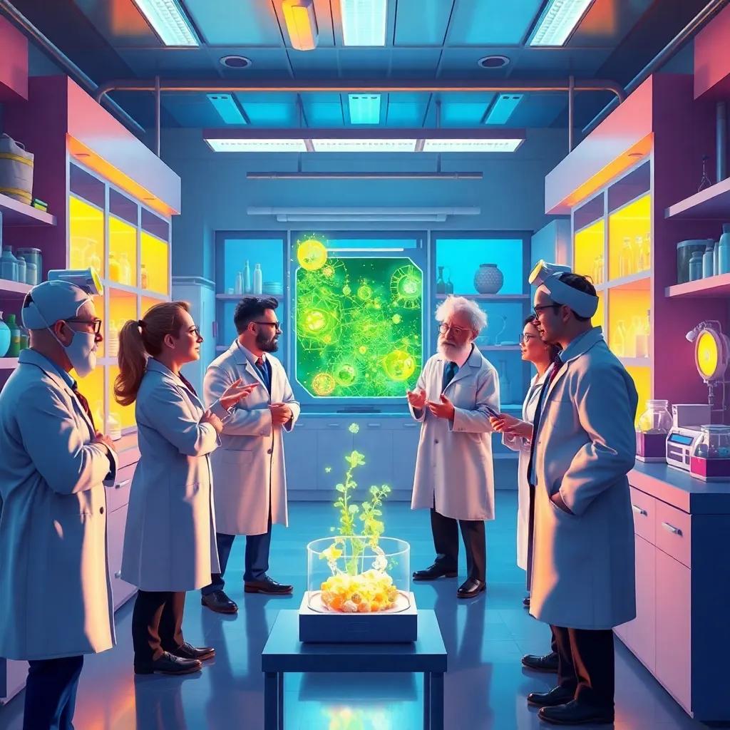 A group of scientists discussing Alfred's amazing discovery in a bright laboratory, vibrant colors, collaboration, high-energy feel, realistic art