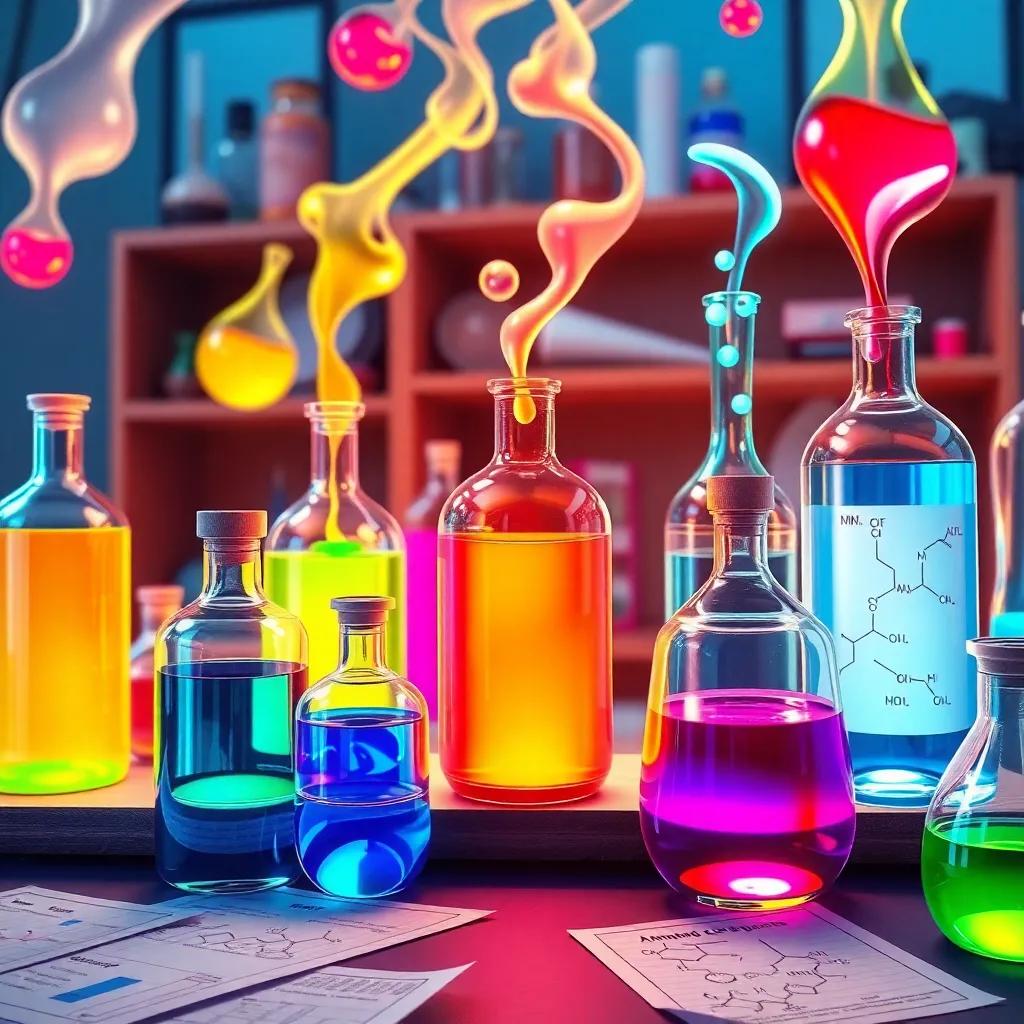 A depiction of amazing discoveries in chemistry, bottles of colorful liquids, papers with chemical structures, dynamic and lively setting, bright colors, engaging composition, artistic