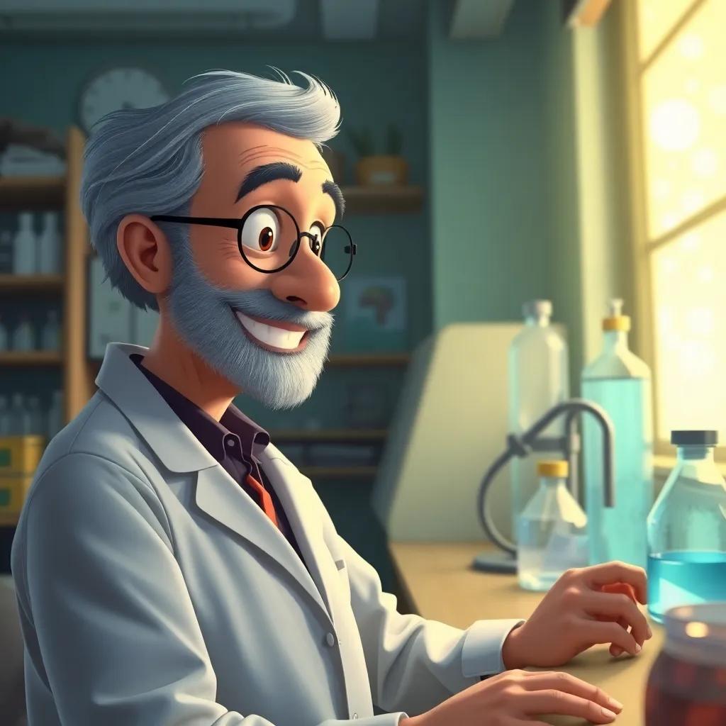 Alfred in his lab smiling as he watches scientists using his discovery in practical applications like medicine and water purification, bright and hopeful atmosphere, colorful