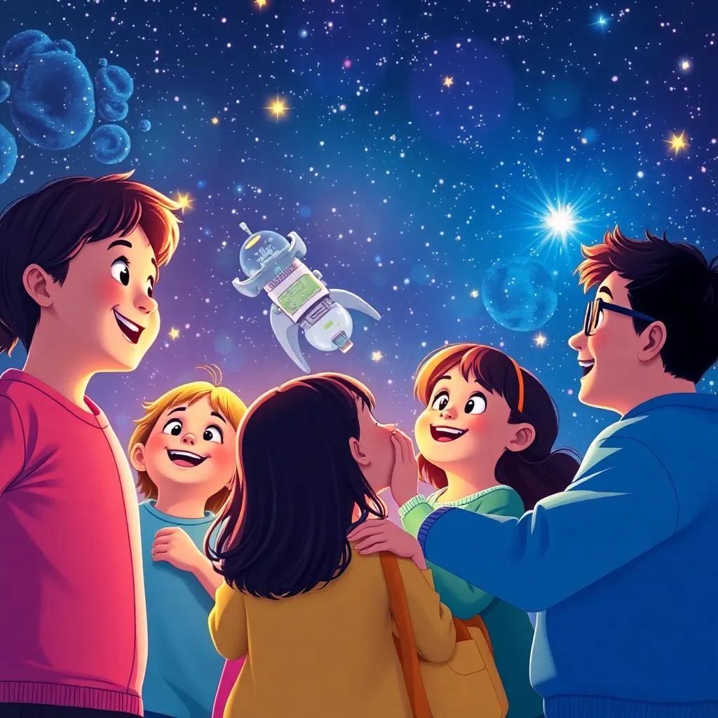 A joyful celebration of science and discovery, children and adults admiring the night sky with stars sparkling, bright colors, inspiring, dreamy atmosphere