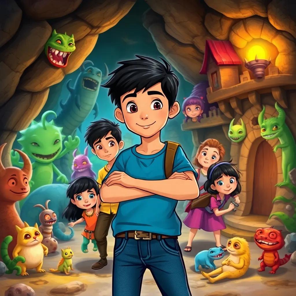 A group of children in a magical underground village, with strange creatures surrounding them, Alexander, a young Arab boy with short black hair wearing a blue T-shirt and jeans, looking brave and confident, vibrant colors, adventure-themed, whimsical style, friendly creatures, digital art