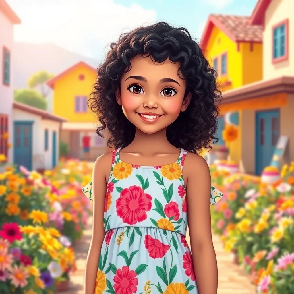 A young girl, Amal, with curly dark hair, wearing a bright floral dress, standing in a sunny village surrounded by colorful flowers, smiling, digital art, vibrant colors, cheerful atmosphere, high quality