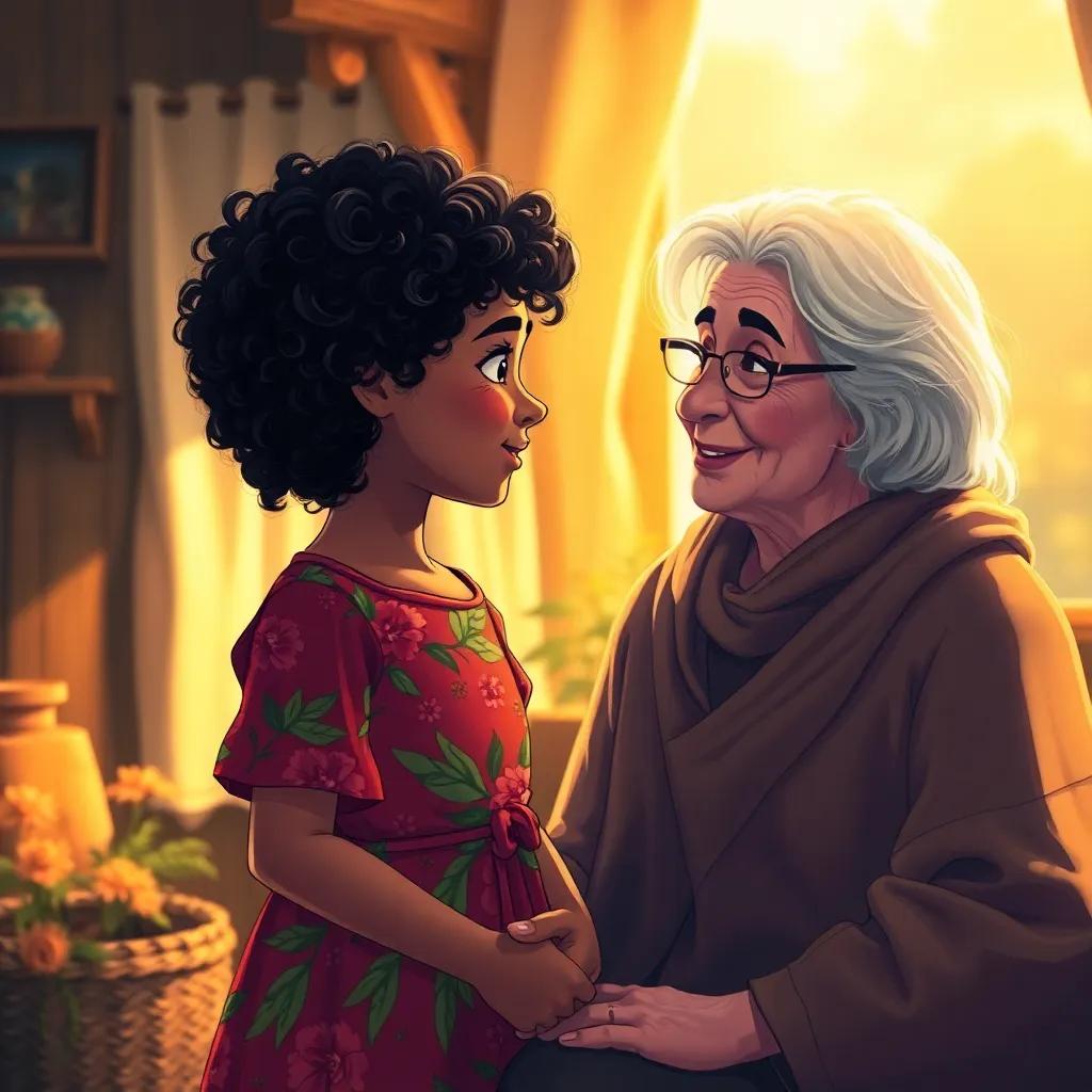 Amal, a young girl with curly dark hair in a bright floral dress, talking to an elderly wise woman with silver hair and a kind smile, in a cozy cottage, soft warm light, warm colors, storytelling view, inviting ambience