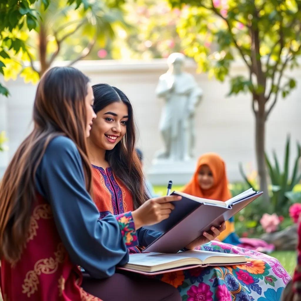 A young Arab girl, Mariam, with long, dark hair, wearing a colorful dress, sitting in a garden with friends, sketching plans for a computer on a notebook, digital art, bright and cheerful, vibrant colors, happy atmosphere, high quality