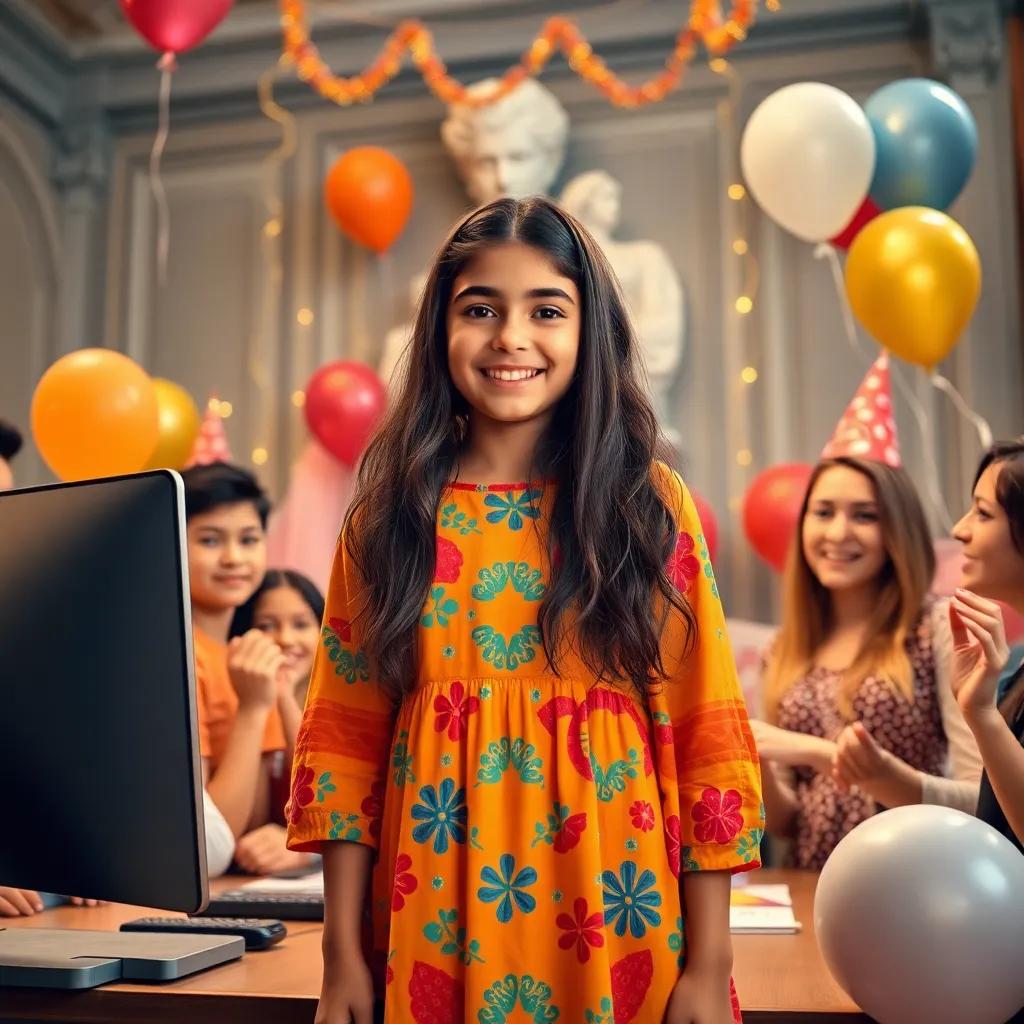 Mariam, a young Arab girl with long, dark hair in a colorful dress, standing proudly in front of a computer with her friends celebrating around her, balloons and decorations, joyful and festive, warm light, engaging scene, high quality