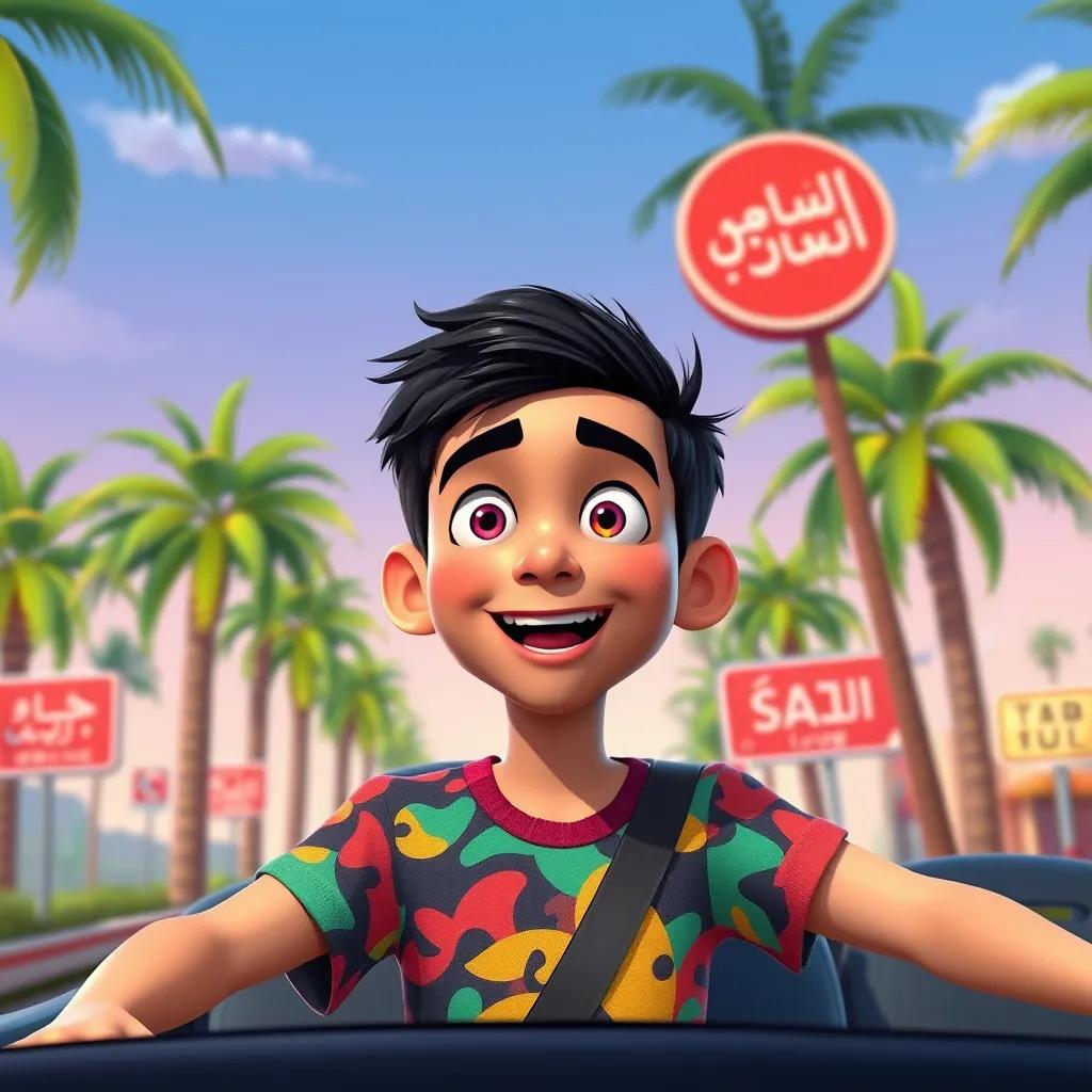 A young Arab American boy, Ishmael, with short black hair and wearing a colorful t-shirt, looking excited on a road trip, surrounded by palm trees and Arabic signs, digital art, vibrant colors, cheerful atmosphere, high quality