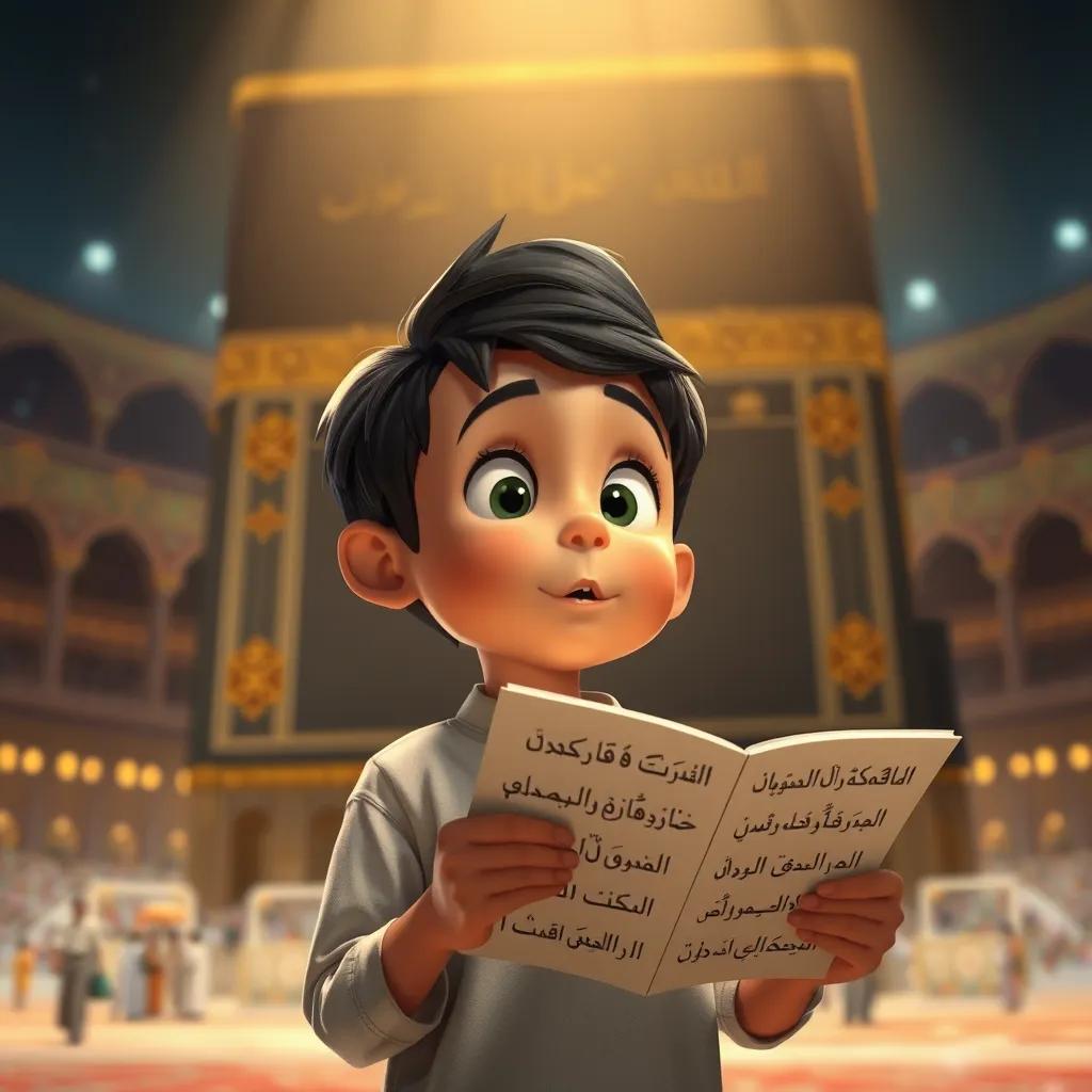 Ishmael, a young Arab American boy with short black hair, standing in front of the Kaaba, looking amazed while reading Arabic words, detailed art, warm light, inviting vibe, high quality