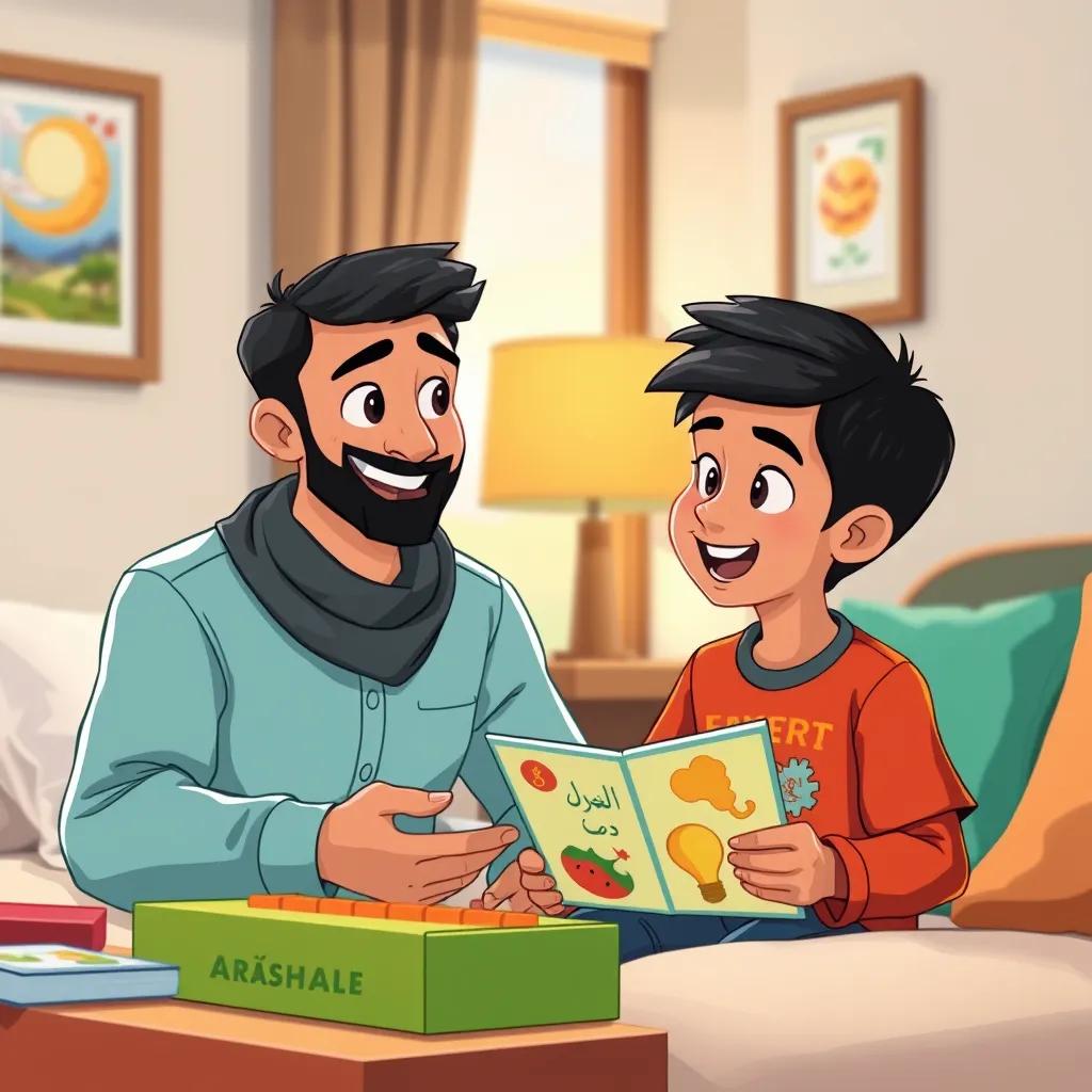 Ishmael, a young Arab American boy with short black hair, playing educational games with his dad, learning Arabic words in a fun way in their hotel room, illustration, cheerful, engaging colors, friendly atmosphere