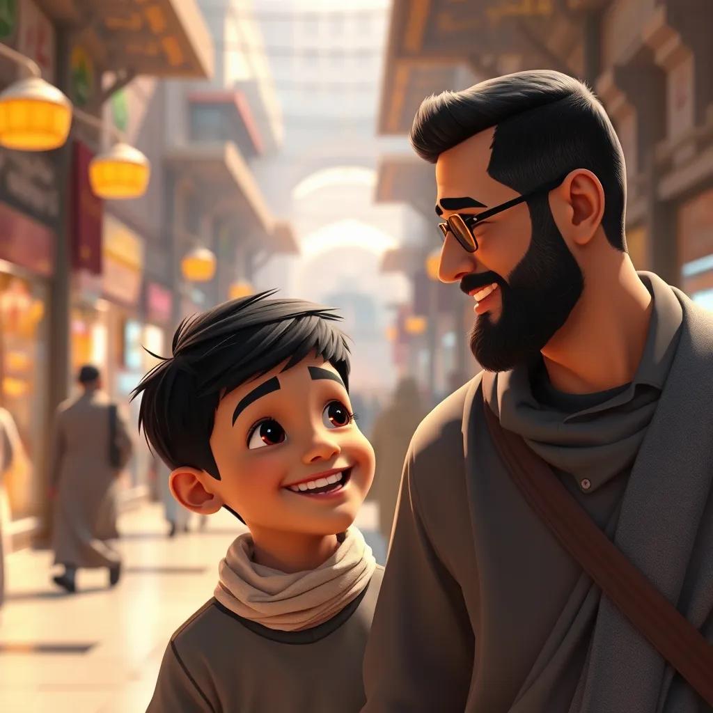 Ishmael, a young Arab American boy with short black hair, happily speaking Arabic with his dad as they stroll through the streets of Mecca, surrounded by people and shops, vibrant, warm light, uplifting scene