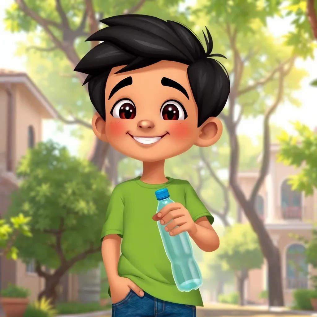 A young Arab boy, Kamel, with short black hair, wearing a green t-shirt and blue jeans, smiling while holding a plastic bottle, in a sunny neighborhood filled with green trees, vibrant colors, cheerful atmosphere, child-friendly