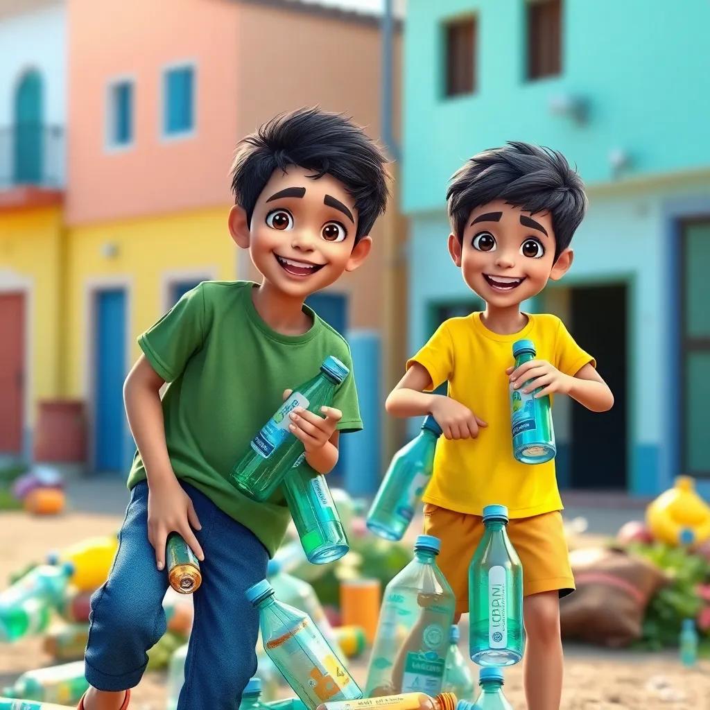 Two young Arab boys, Kamel and Ali, with short dark hair, one wearing a green t-shirt and blue jeans, and the other wearing a yellow t-shirt and shorts, gathering plastic bottles and cans, a joyful scene with colorful houses in the background, bright light, lively and engaging environment, happy expressions